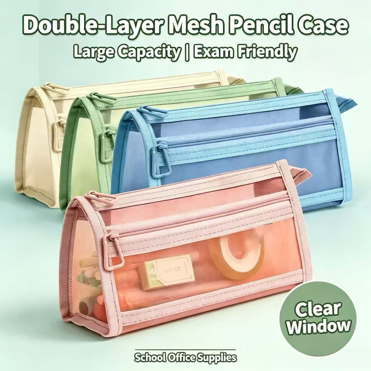 Clear Mesh Pencil Pouch For Exam - 더블 레이어 투명 메쉬 연필 케이스