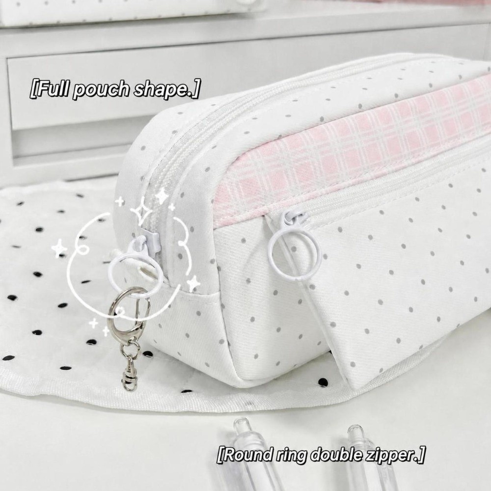 Aesthetic Large Pencil Case Pouch - 미적 감각의 물방울 무늬 체크무늬 필통